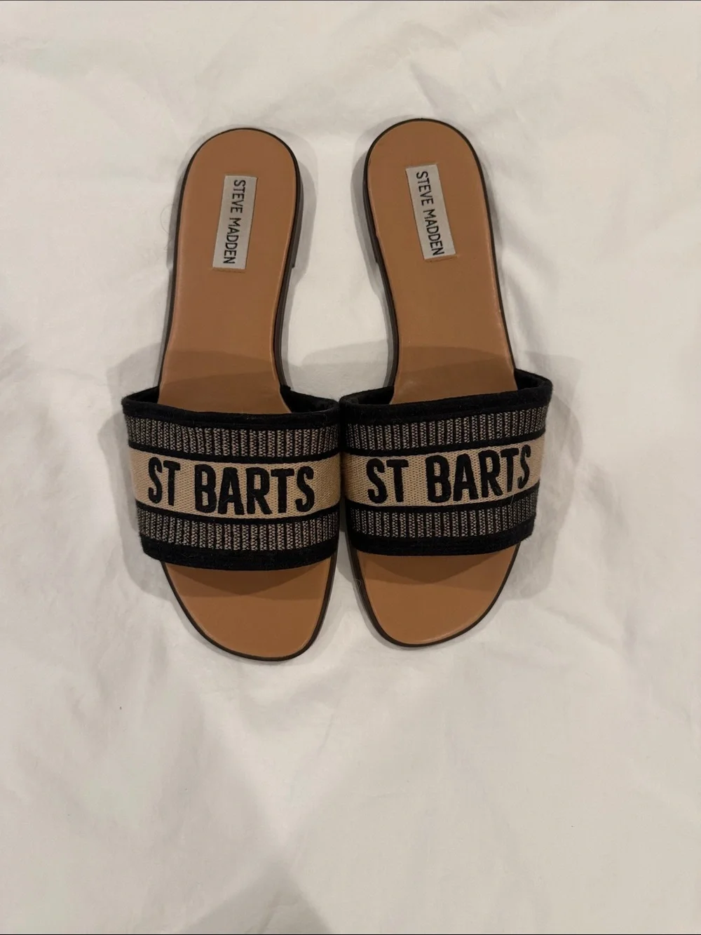Steve Madden St Barts Slide Sandals in Black and Tan